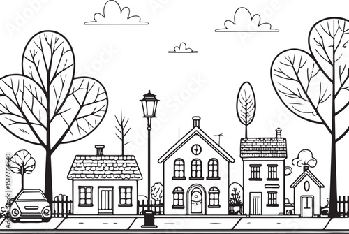 City Line, Town, Silhouette of a suburban street, houses in residential area, Vector Illustration, Sketch Drawing Line Linear Symbol Icon Engraving Coloring Book, Hand-drawn Black and White Isolated