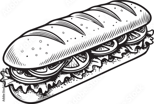 Submarine Sandwich Vector Illustration, Sketch Drawing Line Linear Symbol Icon Engraving Coloring Book, Hand-drawn Black and White Isolated