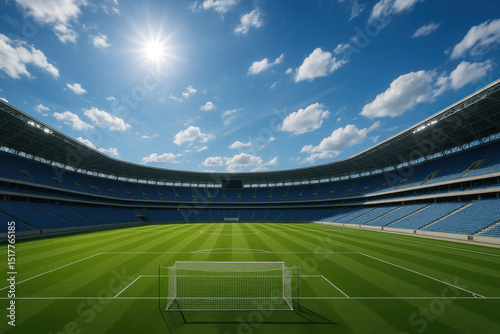 Soccer goal on the field under blue sky.