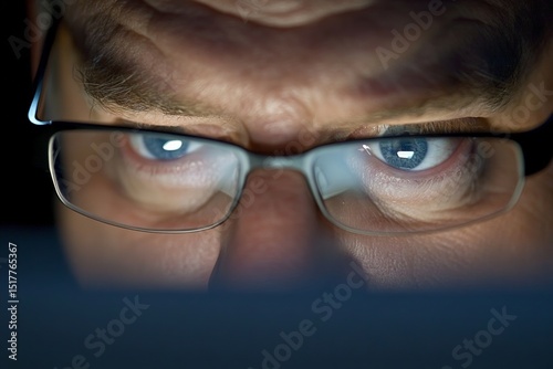 Caucasian adult male wearing glasses intently staring at screen with focused blue eyes