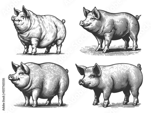 Farm Pig Set collection bundle sketch engraving generative ai vector illustration. Scratch board imitation. Black and white image.