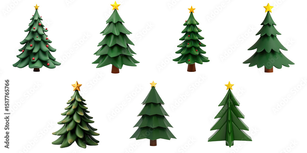 Fototapeta premium Set of eight Christmas tree illustrations featuring various styles, colors, and a star on top, all isolated on transparent background for versatile use.