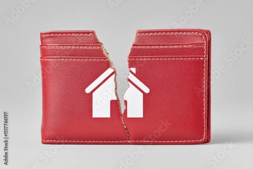 Wallet Icon in the Shape of a House Breaks in Half, Symbolizing Financial Struggles Related to Home Ownership
