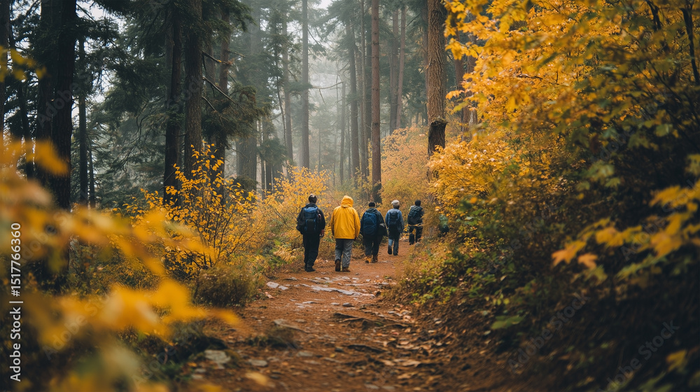 Fototapeta premium A group of people are walking on a trail in the woods
