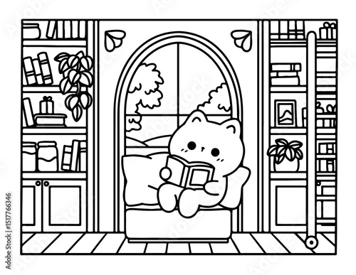 Adorable Cat Reading a Book by the Window Cozy Coloring Page