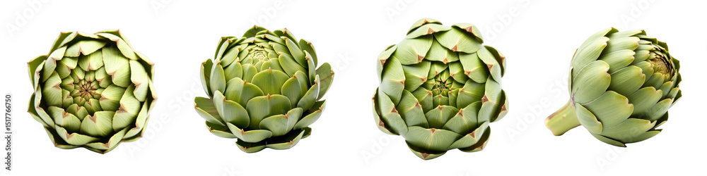 Obraz premium High-resolution closeup of multiple angles of whole artichokes isolated on a transparent background showcasing their unique textures and shapes for culinary or illustrative use.