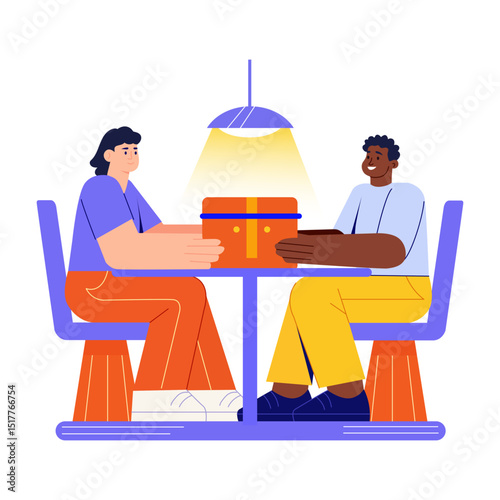 Flat style illustration showing intercultural characters interacting warmly