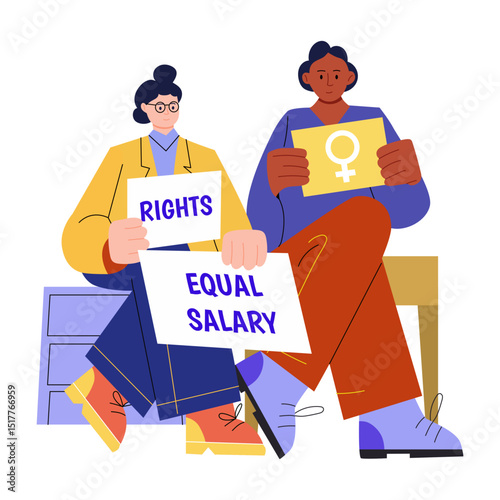 A flat illustration showing employees demanding equal salary
