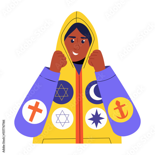 A flat style illustration showing a person wear harmony hoodie