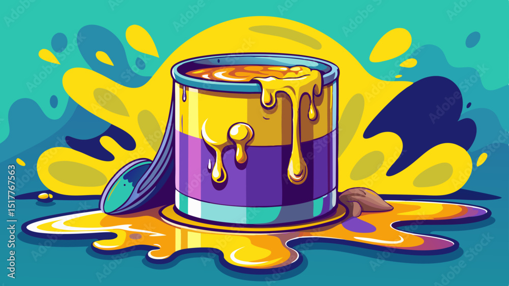 Can of yellow paint with a brush leaning on it. The paint is dripping from the can, creating a messy and artistic scene