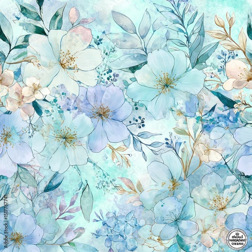 Whimsical Watercolor Background with Delicate Pastel Flowers and Foliage, Enchanting Photography Backdrop