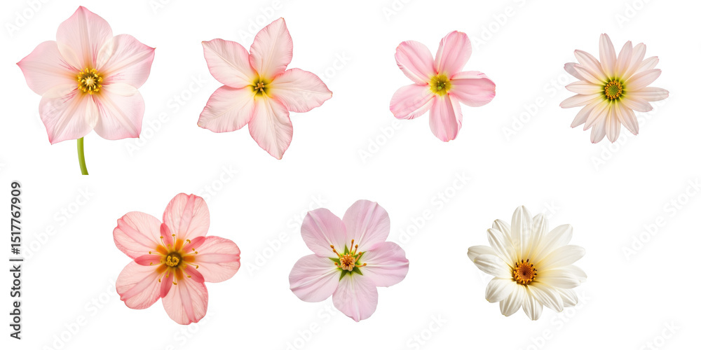 Obraz premium variety of blossoms featuring pink and white flowers arranged on a transparent background showcasing delicate petals and intricate details of floral structures