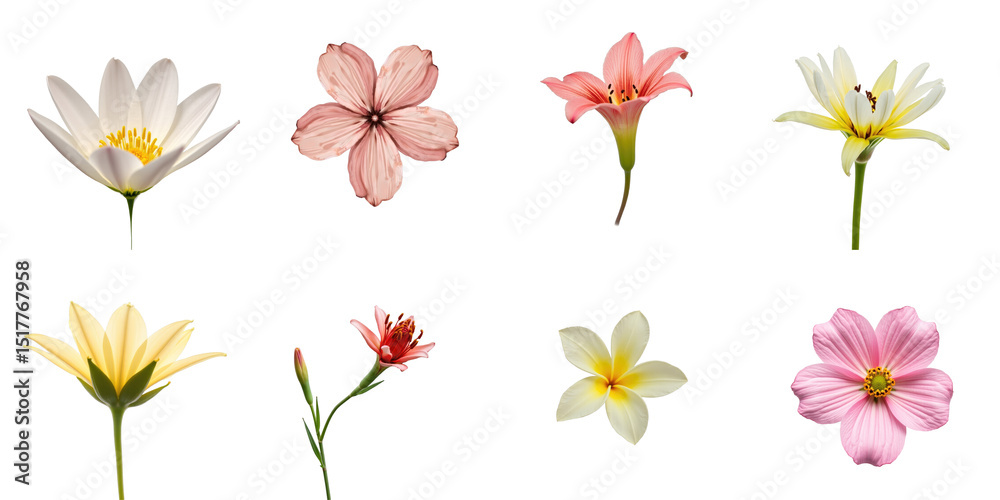 Obraz premium Assortment of various flowers including white lily, pink lily, yellow water lily, cosmos flowers, and more isolated on transparent background with transparent backdrop.
