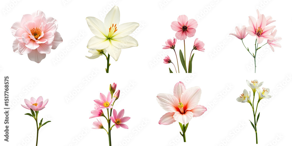Fototapeta premium Collection of assorted blooming flowers in pastel colors isolated on a transparent background including lilies, pink blossoms and delicate petals arranged aesthetically