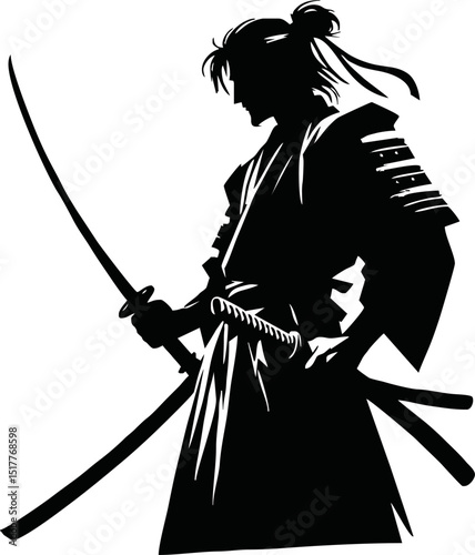 Silhouette of a samurai warrior holding a katana on a reflective surface against a white background