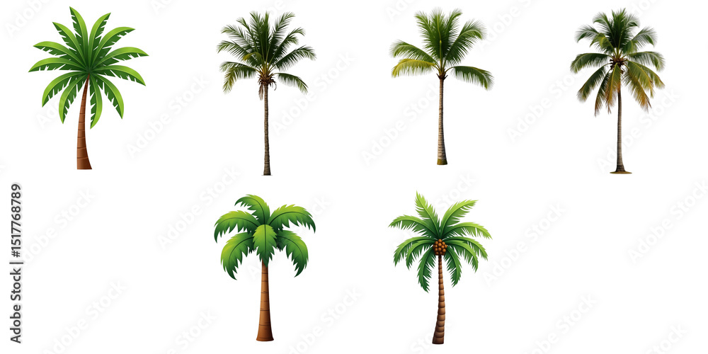 Obraz premium Collection of six tropical coconut palm trees with various heights and foliage styles isolated on a transparent background for digital design use.