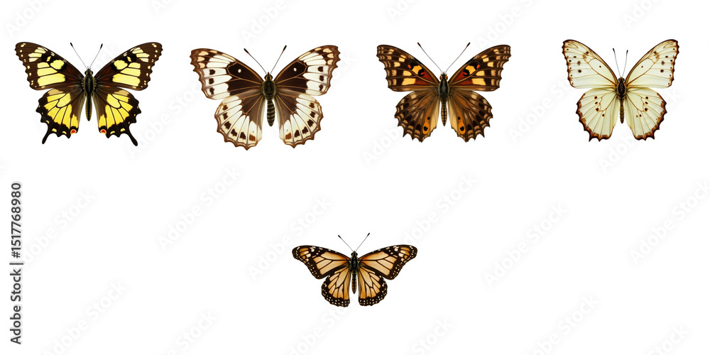 Collection of isolated butterflies featuring Euplagia quadripunctaria with detailed wing patterns and vibrant colors on a transparent background arranged in a symmetrical layout Collection of isolated butterflies featuring Euplagia quadripunctaria with detailed wing patterns and vibrant colors on a transparent background arranged in a symmetrical layout