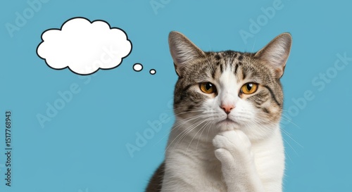 Intrigued tabby cat contemplates, depicted with cartoon thought bubble above