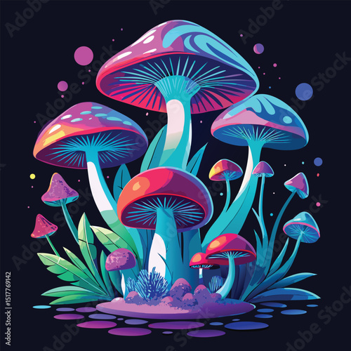 Vibrant Psychedelic Mushroom Patch with Glowing Plants on a Dark Background