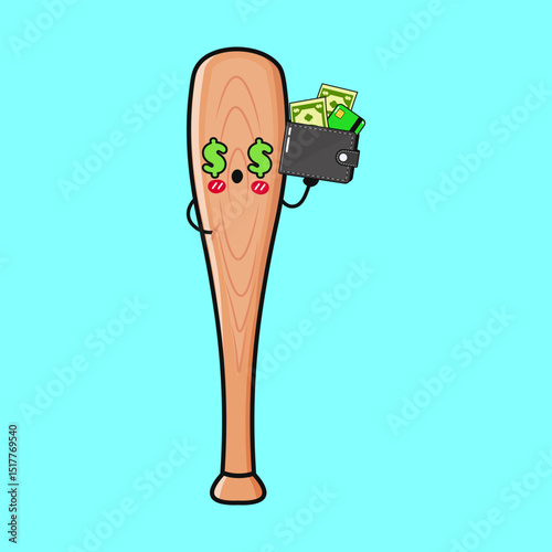 Cartoon Baseball Bat character with dollar sign eyes holding a full wallet against a blue background.
