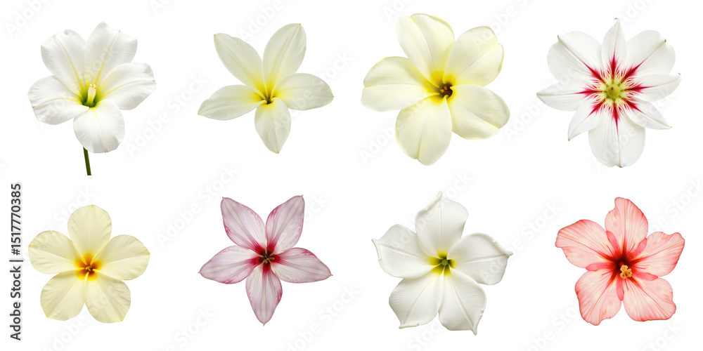 Collection of various blooming flowers including Hoya in different colors isolated on transparent background with clear details of petals and structures.