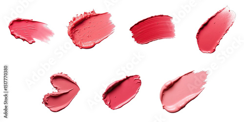 Assorted lipstick smudges in various shades and shapes on transparent background showcasing the texture and application of cosmetic products in beauty and fashion industry