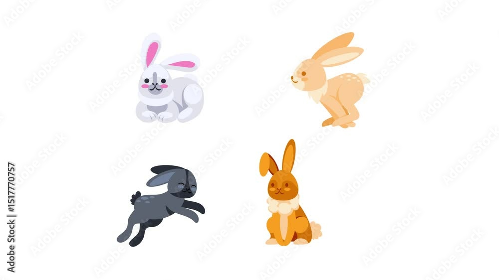 Animated rabbits running and resting sprite sheet animation, with green screen