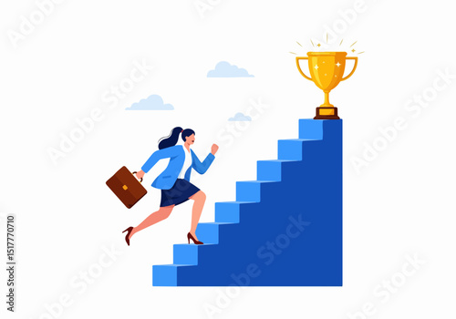 Flat vector illustration of a woman running up blue stairs toward a sparkling gold trophy. She carries a briefcase and wears business attire, symbolizing ambition, effort, and professional success.