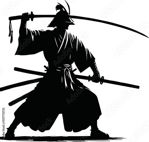 Silhouette of a samurai warrior holding a katana on a reflective surface against a white background