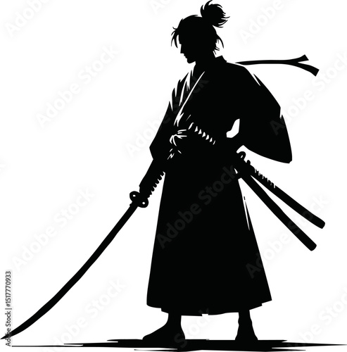 Silhouette of a samurai warrior holding a katana on a reflective surface against a white background