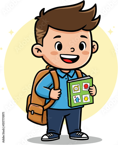 Happy boy holding a schoolbook with backpack for first grade  