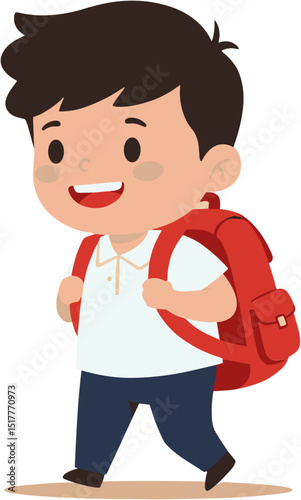 Young boy walking happily to first day of school with backpack  