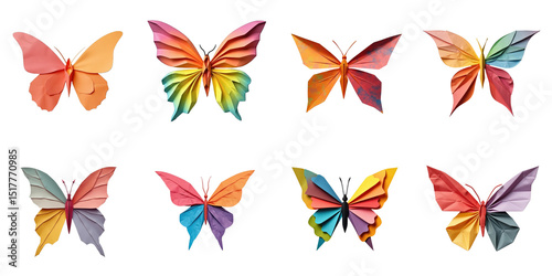 Collection of eight vibrant origami butterflies in various colors and styles arranged in two rows on a transparent background with intricate folding details and textures photo
