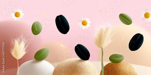 Abstract natural elements with floating seeds and flowers on soft gradient background