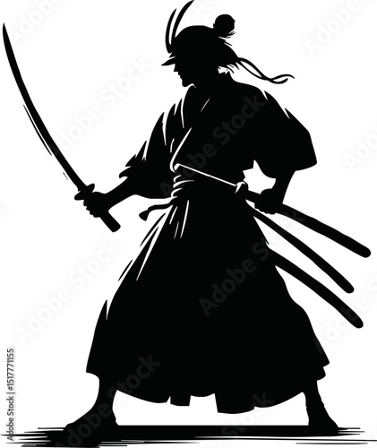 Silhouette of a samurai warrior holding a katana on a reflective surface against a white background