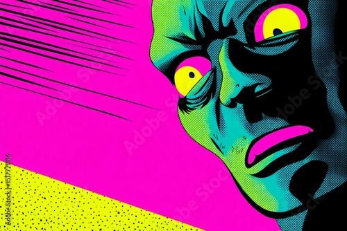 Vibrant pop art style illustration of surprised face in bold colors