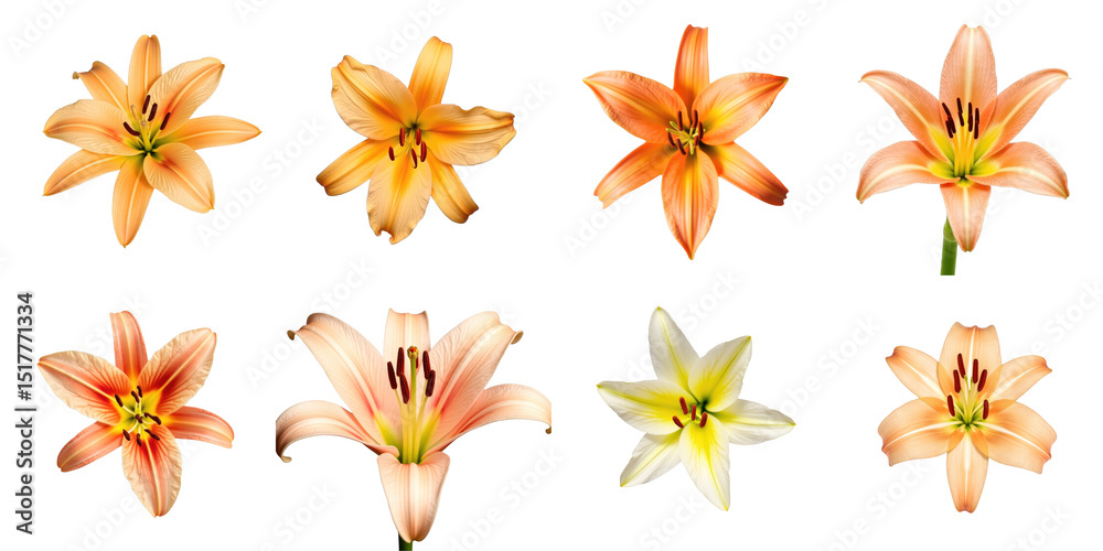 Obraz premium Collection of lily flowers featuring various colors and shapes arranged in a grid format, showcasing petals and stamens against a transparent background