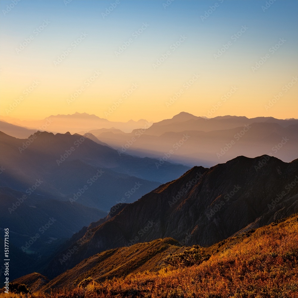 Obraz premium Majestic Mountain Range at Sunrise Breathtaking Panorama of Peaks and Valleys