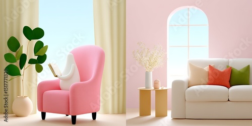 Minimalist living room design with pink armchair and white sofa in bright modern interior