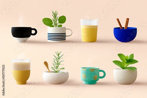 Assorted hot beverages and herbs in stylish cups on neutral background