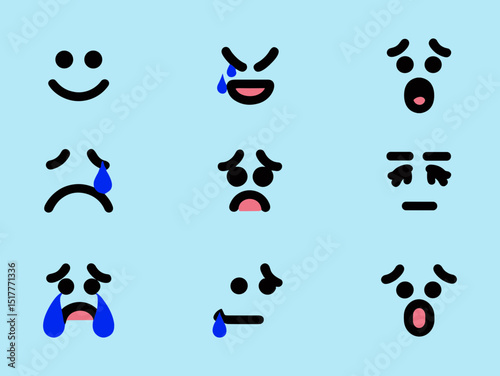Icons of human emotions in various expressions on blue background  