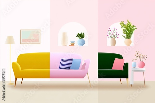 Modern colorful living room with minimalistic decor and vibrant sofa