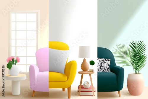 Modern interior design with pastel pink and yellow armchairs, green armchair, and decorative elements