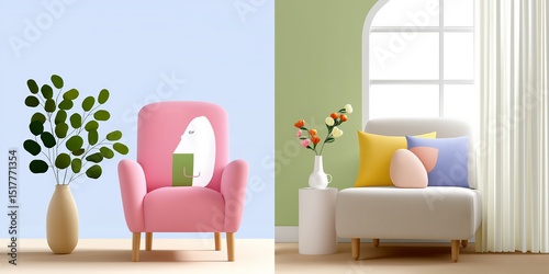 Modern interior design with colorful chairs and decorative plants