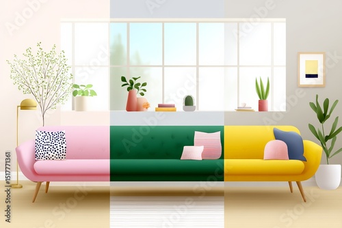 Colorful modern living room with pink, green, and yellow couch and minimalist decor