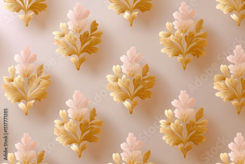 Seamless gold and pink ornate floral pattern on light background