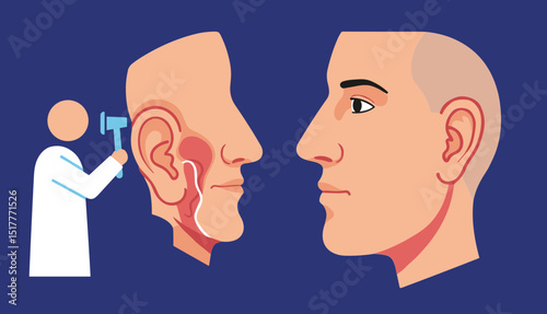 Otolaryngologist examining a patient's ear anatomy in illustration  