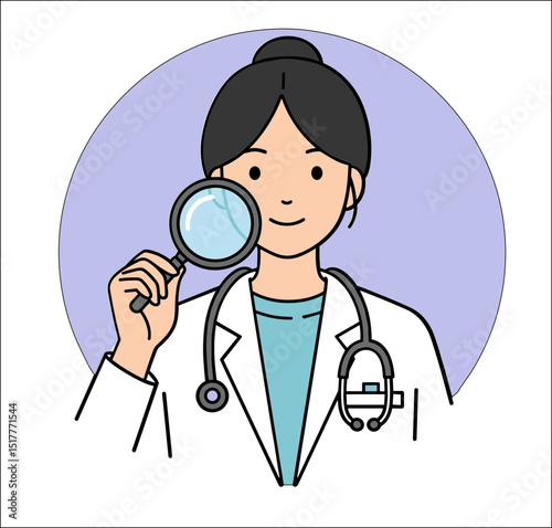 Young doctor holding a magnifying glass in a lab coat with stethoscope  