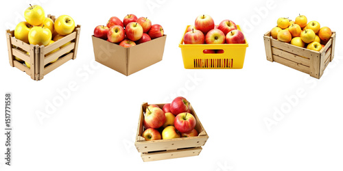 Variety of wooden crates filled with red and yellow Jonagold apples isolated on a transparent background for clear visibility and versatile use