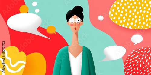 Surprised cartoon woman amidst colorful abstract speech bubble background
